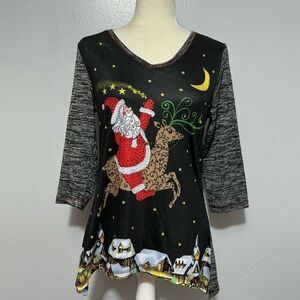 Onque Casual Women's Tunic Top Christmas Santa Reindeer Town Embellished Size M